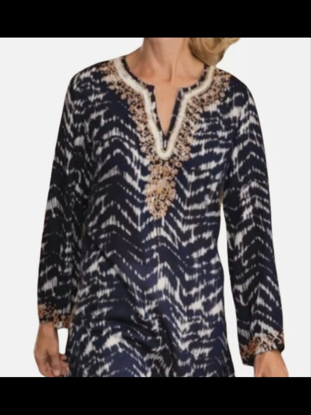 Soft Surroundings Navy and White Embroidered Tie-Dye Tunic